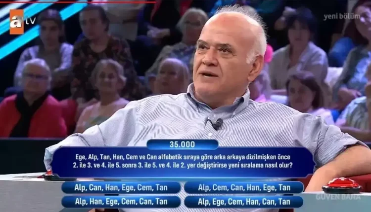 Ege, Alp, Tan, Han, Cem ve Can alfabetik sıraya göre arka arkaya dizilmişken önce 2. ile 3.ve 4. ile 5. sonra 4. ile 2.yer değiştirirse yeni sıralama nasıl olur?