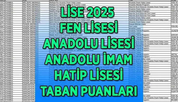 Fen Lisesi, Anadolu Lisesi, Anadolu İmam Hatip Lisesi İstanbul-Ankara-İzmir taban puanları ve başarı sıralamaları: 2025 LİSE TABAN PUANLARI VE YÜZDELİK DİLİMLER SON DURUM.